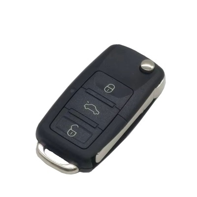 Comando de chave de carro preto com três botões e ícones brancos