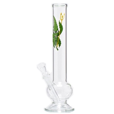 Bong de vidro transparente com folhas verdes e tridente amarelo