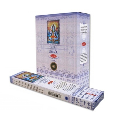 Caixa e pacote de incenso Goloka Shiva com imagem de Shiva e padrão azul e branco