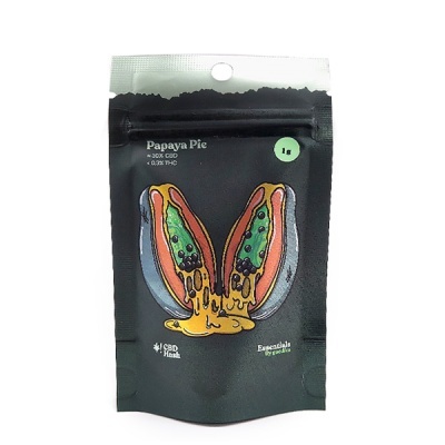 Embalagem preta de produto Papaya Pie CBD Hash com imagem de papaia escorrendo