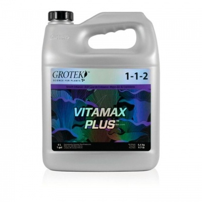 Recipiente plástico cinzento com rótulo colorido e texto VITAMAX PLUS