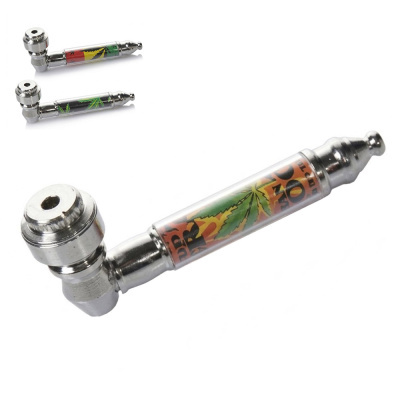Cachimbos metálicos pequenos com decoração colorida de folhas de cannabis e texto DRAGON.