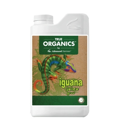 Frasco de True Organics Iguana Juice Grow com rótulo de lagarto colorido
