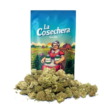 Pacote azul La Cosechera com ilustração de senhora e flores secas amarelo-esverdeadas