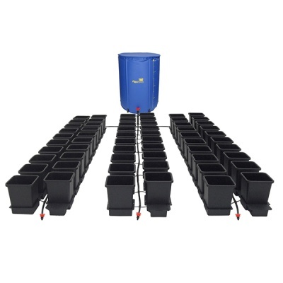 Sistema de irrigação com vasos pretos e reservatório azul FlexiTank