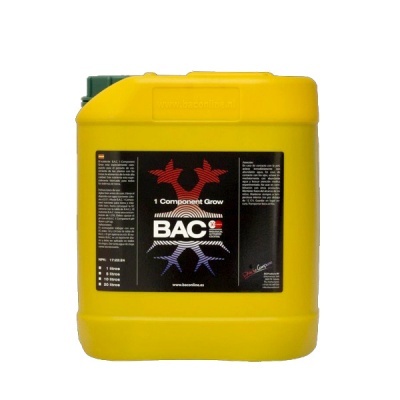 Contentor amarelo para produto BAC 1 Component Grow com etiqueta preta e texto branco