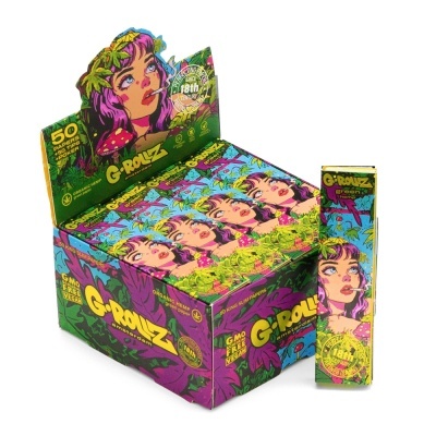 Display colorido de papel de enrolar G-ROLLZ com ilustração feminina e textos promocionais