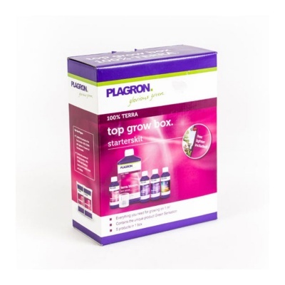 Caixa Plagron 100% Terra top grow box starterskit roxa e branca com quatro frascos de fertilizantes