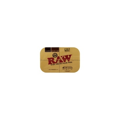 Estojo rectangular castanho da marca RAW com texto vermelho e preto.
