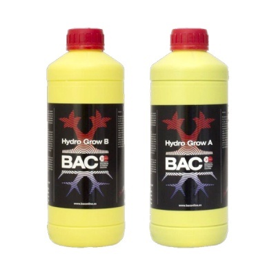 Dois frascos amarelos de plástico com rótulas Hydro Grow A e B da marca BAC