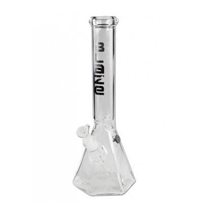 Bong de vidro transparente com base octogonal e texto preto