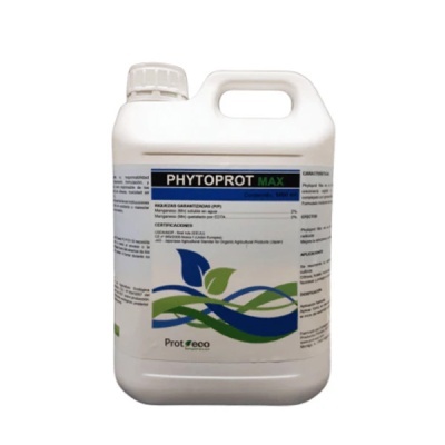 Garrafão branco de plástico com rótulo contendo texto PHYTOPROT MAX e design de folhas verdes e azuis
