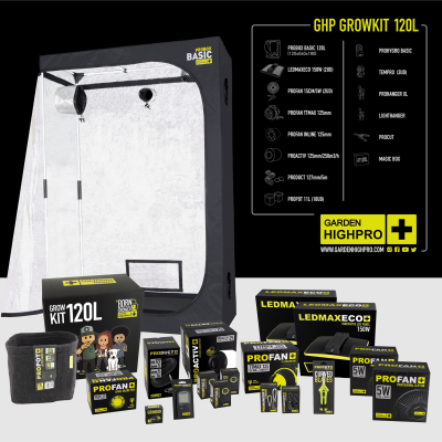 Kit de cultivo GHP Growkit 120L com tenda cinzenta e preta e vários acessórios em embalagens pretas e amarelas