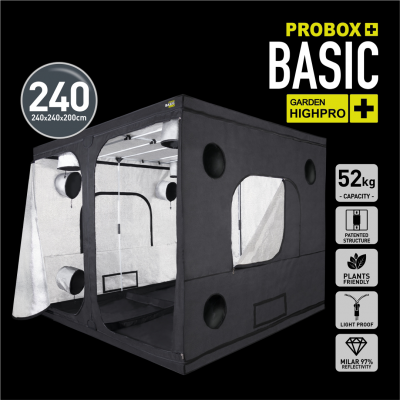 Tenda de cultivo preta PROBOX BASIC com interior prateado, múltiplas entradas e textos técnicos visíveis.