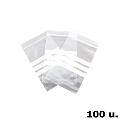 Três saquetas plásticas transparentes com fecho e riscas brancas