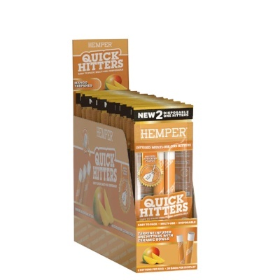Expositor de QUICK HITTERS HEMPER com embalagens laranja e branco e imagens de manga