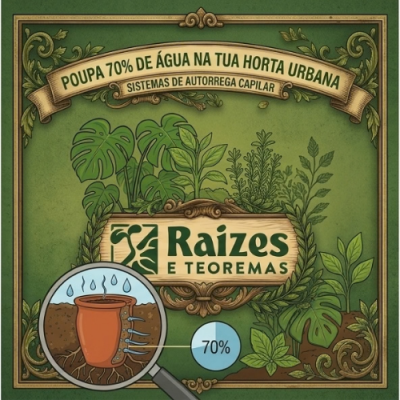 Ilustração de plantas verdes com texto sobre sistema de autorrega capilar em fundo verde