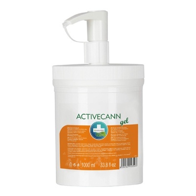 Frasco branco de gel ACTIVE CANN com rótulo laranja e dispensador
