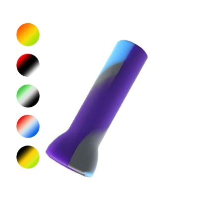 Objeto cilíndrico roxo, azul e cinza com cinco esferas coloridas ao lado
