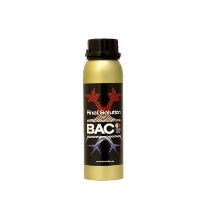 Frasco metálico dourado com rótulo preto e texto Final Solution BAC