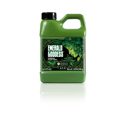 Frasco verde de plástico com rótulo EMERALD GODDESS Premium Plant Tonic