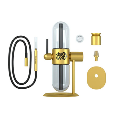 Conjunto acessórios de fumar com base dourada, tubo de vidro e tubo preto flexível