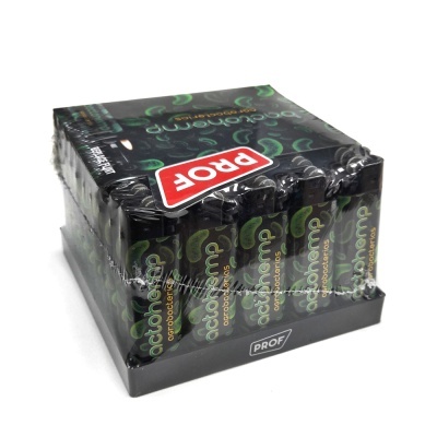 Pacote de isqueiros pretos com design verde e texto actohermp, embalados em plástico e caixa preta.