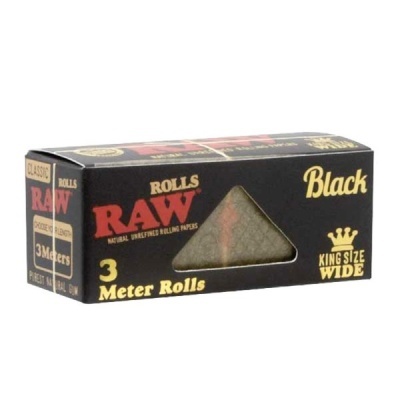 Embalagem preta de papel RAW Classic Rolls com texto e janela triangular mostrando papel enrolado.