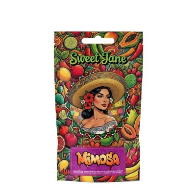 Embalagem colorida com mulher e frutas, texto Sweet Jane e Mimosa