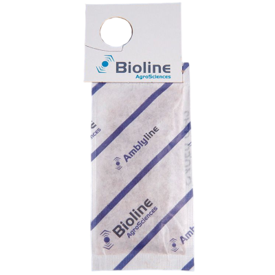 Pacote Bioline AgroSciences branco com texto e padrão azul
