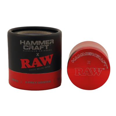 Moinho de 4 peças Hammer Craft x RAW em vermelho e preto.