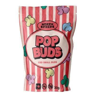 Pacote rosa branco com riscas e texto POP BUDS CBD SMALL BUDS 20g