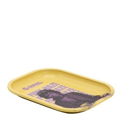 Tabuleiro amarelo com imagem roxa de Jimi Hendrix e texto G-ROLLZ PROTECT YOUR GRIND