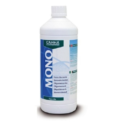 Frasco branco de plástico CANNA MONO Trace Mix com rótulo azul e branco.