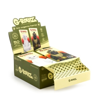 Expositor de papel de enrolar G-Rollz bio organic hemp com imagens de gatos e textos sobre material e vegan.