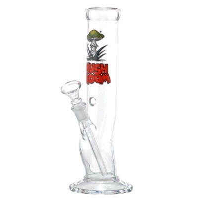 Bong de vidro transparente com figura de cogumelo e texto MUSH ROOM