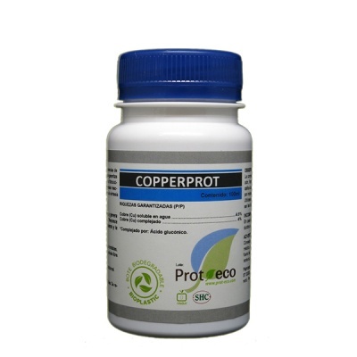 Frasco branco com tampa azul da Protseco, rótulo COPPERPROT com informações do produto.