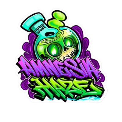 Ilustração de frasco com crânio verde e texto graffiti AMNESIA HAZED