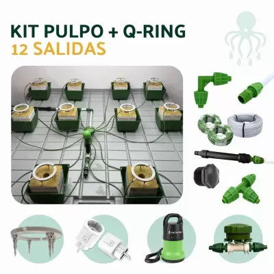 Kit de irrigação com 12 saídas, vasos verdes com substrato, tubos e acessórios verdes, bomba eléctrica NETADRIP.