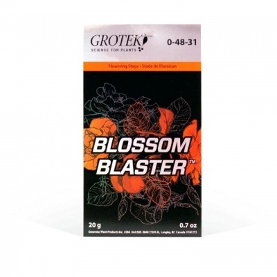 Embalagem do produto Blossom Blaster da Grotek com ilustrações de flores e texto informativo