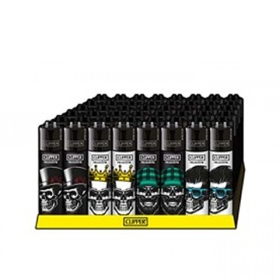 Isqueiros Clipper com designs de caveiras numa caixa amarela