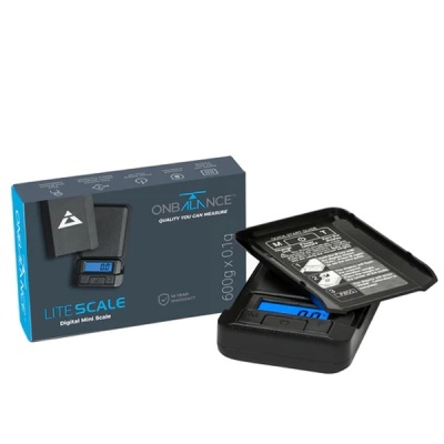 Balança digital mini ONBALANCE LITESCALE com visor azul e embalagem azul escuro