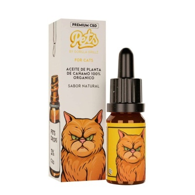 Frasco de óleo CBD para gatos com caixa e rótulo ilustrados com gato laranja