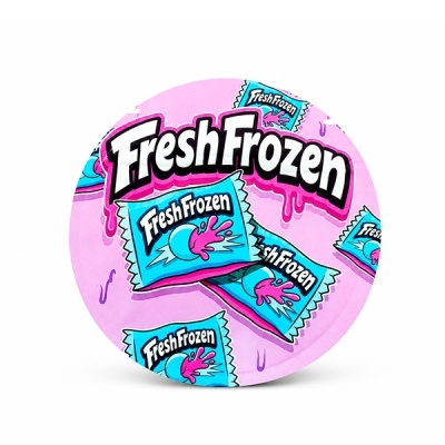 Embalagem redonda cor-de-rosa com texto Fresh Frozen e ilustrações de pacotes azuis.