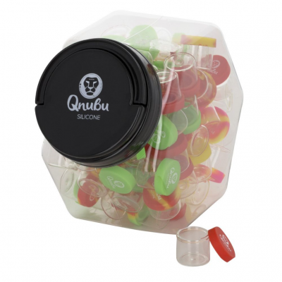 Frasco transparente cheio de pequenos recipientes com tampas coloridas Qnubu de silicone