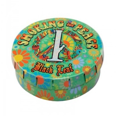 Caixa de metal decorativa com flores coloridas e texto Smoking for Peace Black Leaf