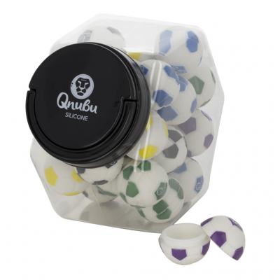 Recipiente transparente com bolas brancas em miniatura coloridas e tampa preta Qnubu Silicone