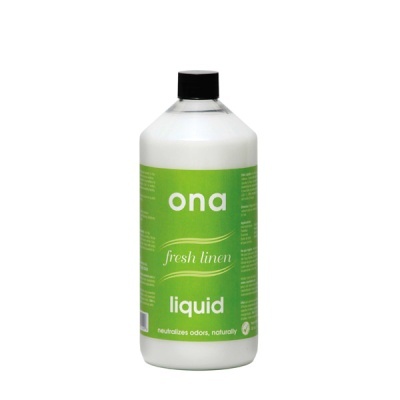 Frasco plástico branco com rótulo verde e texto branco ona fresh linen liquid