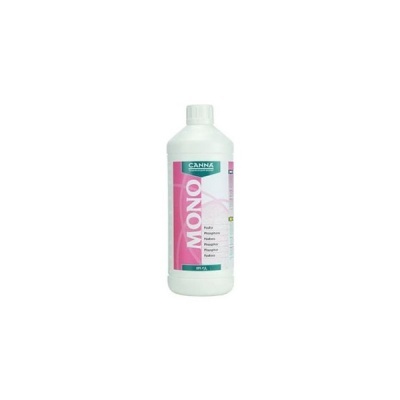 Frasco de plástico branco com rótulo rosa e texto CANNA MONO