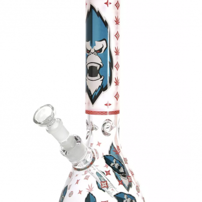 Bong de vidro transparente com ilustrações azuis e vermelhas